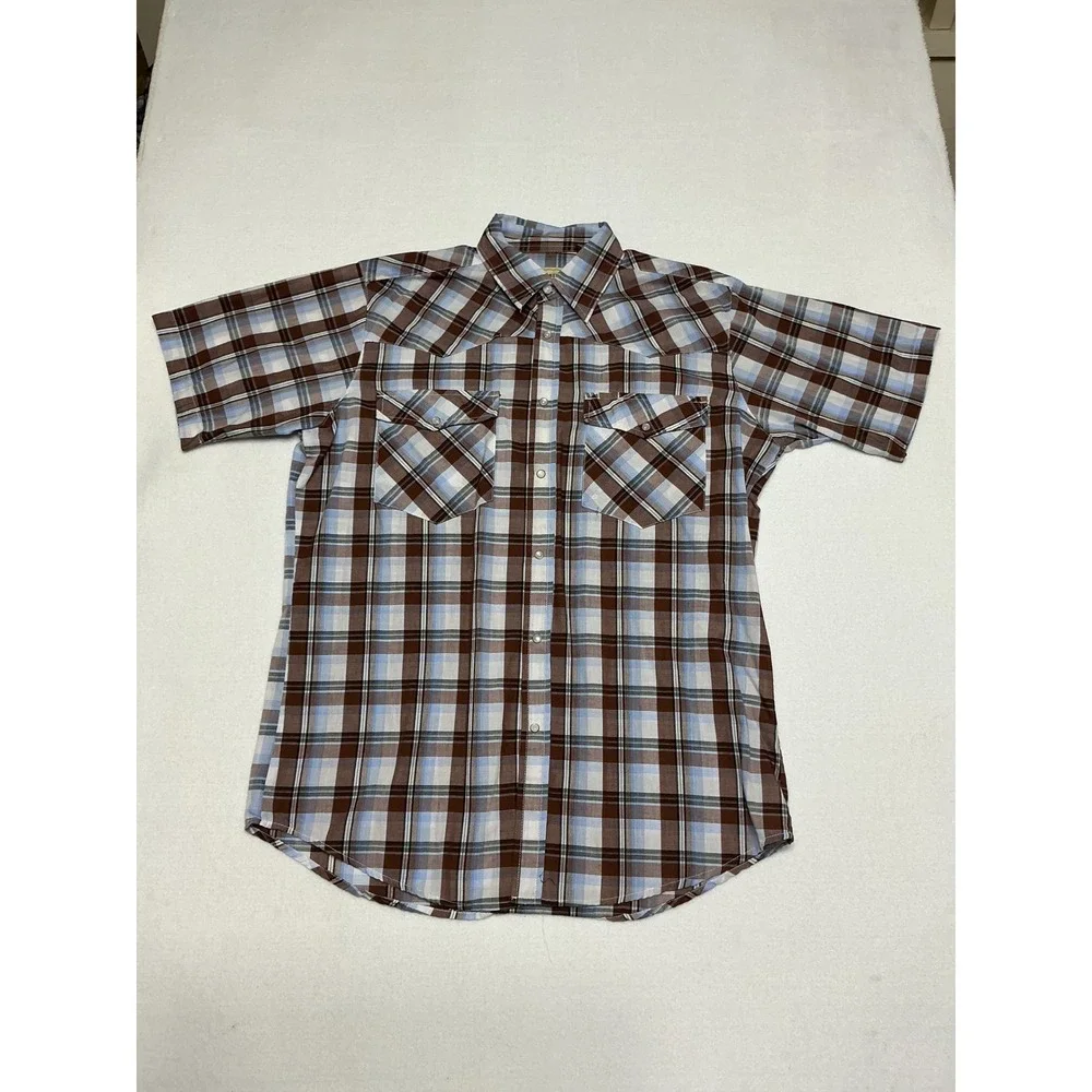 Bit & Bridle Mens Large Plaid Western Pearl Snap Shirt Brown Blue Short Sleeve